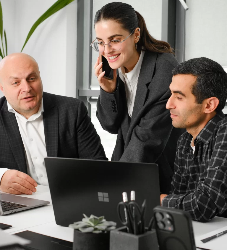 The staff members in the office, work process