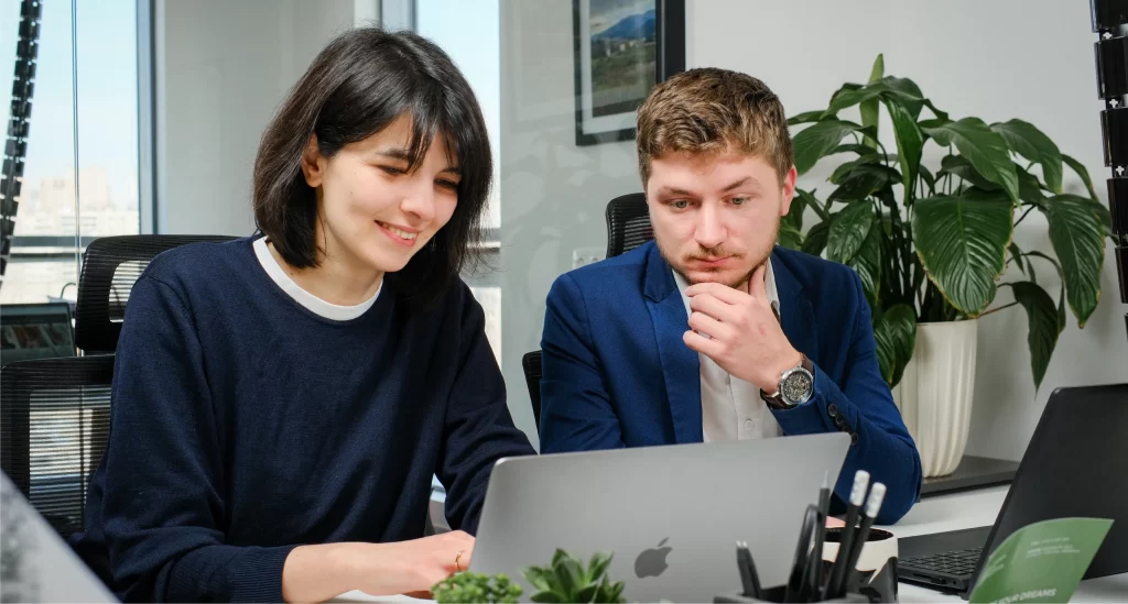 The staff members in the office, work process