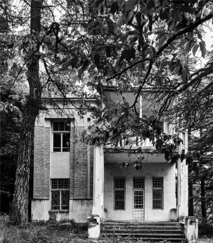 The facade of the brick house in black and white